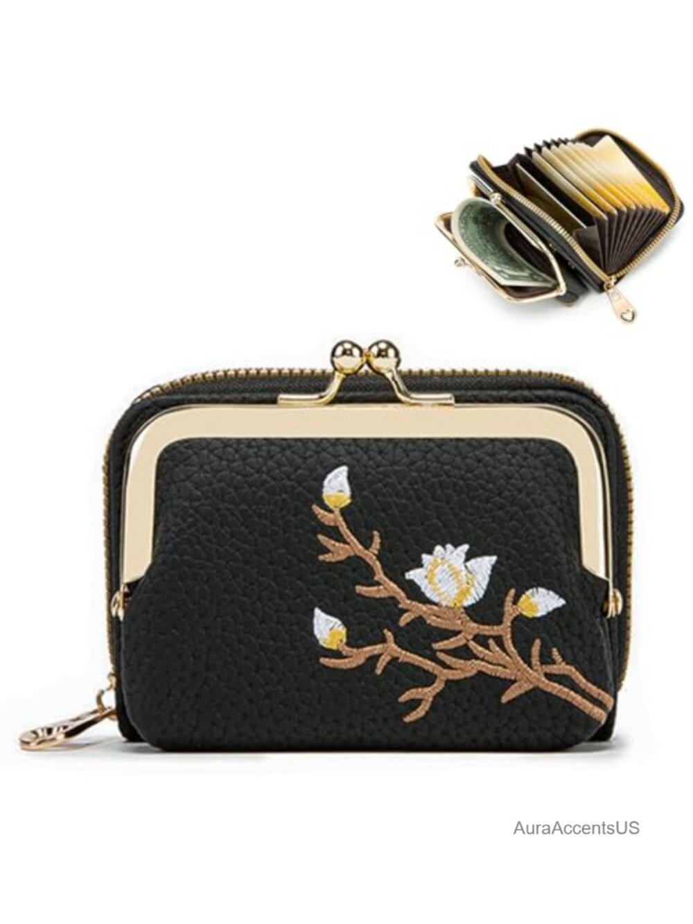 Women's 2-in-1 Card Holder & Coin Purse with Kiss-Lock, PU Leather Wallet